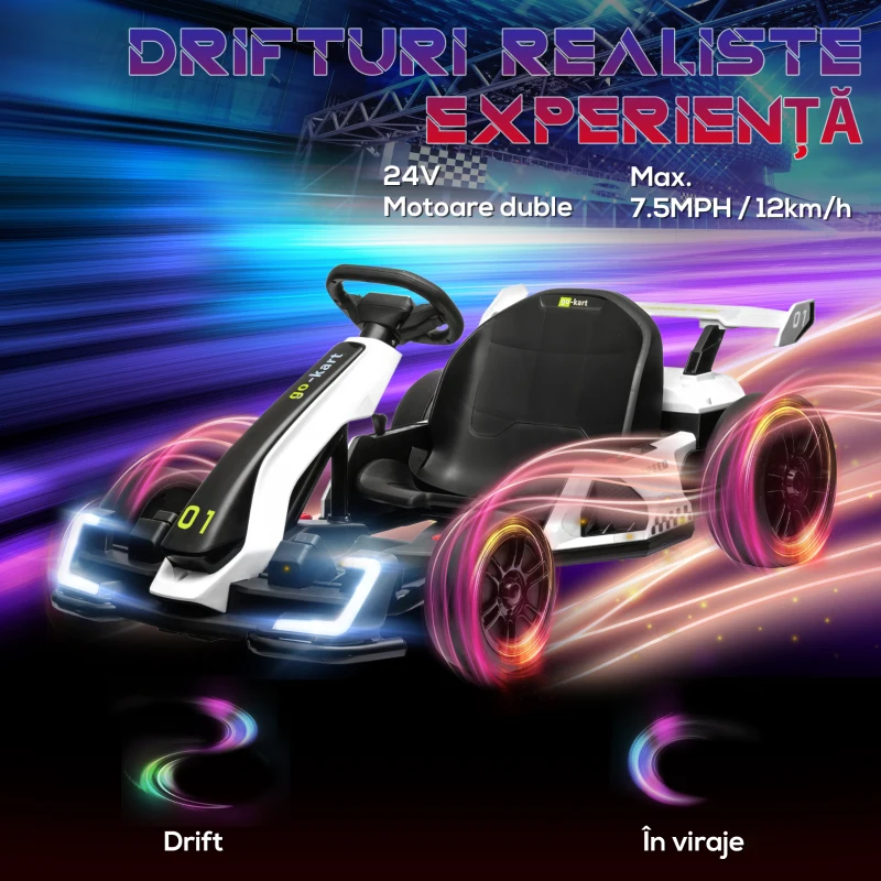 HOMCOM Kart electric pentru copii scaun reglabil Drift Go-kart claxon lumini muzica alb pentru copii pentru plimbare pentru distractie echilibru(m-4)