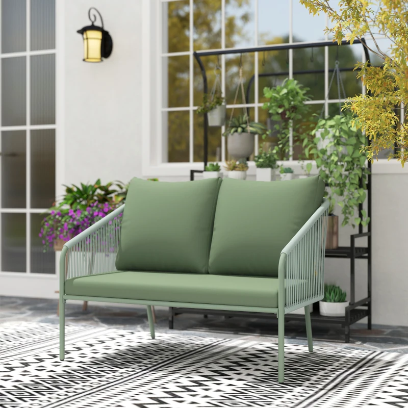 Outsunny Gartensofa mit Kissen 2-Sitzer Rattan Sofa Lounge Sofa Outdoor Balkon Sofa 112 x 72 x 76 cm Grün(m-9)