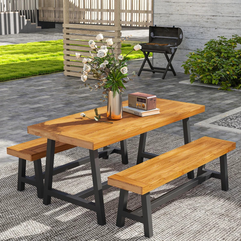Outsunny Sitzgruppe 3-teilig Holz Essgruppe für 4 Personen Esstisch mit 2 Bänke Teak