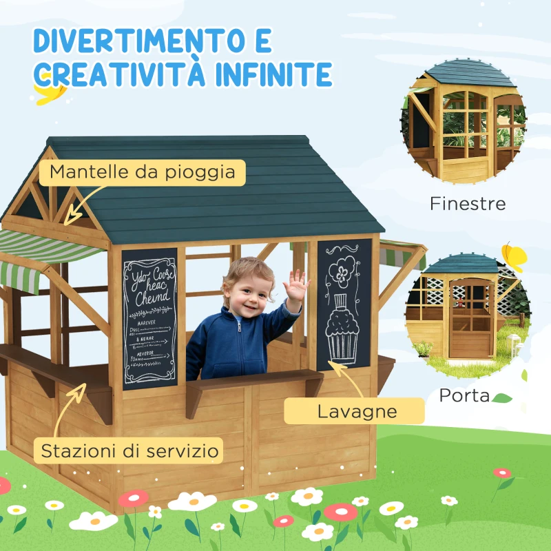 AIYAPLAY Casetta per Bambini 3-8 Anni con 5 Finestre e 2 Lavagne, in Legno di Abete, 173x117x144 cm, Marrone e Blu