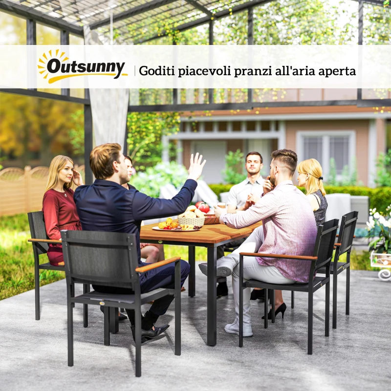 Outsunny Set da Giardino 7 Pezzi con Tavolo da Pranzo e 6 Sedie Impilabili con Braccioli, Teak