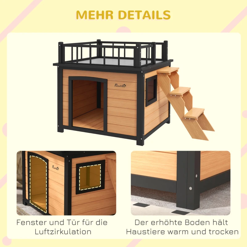 PawHut Hundehütte mit Dachterrasse, wetterfest, Holz, 121x77x78cm, Schwarz/Gelb(m-7)