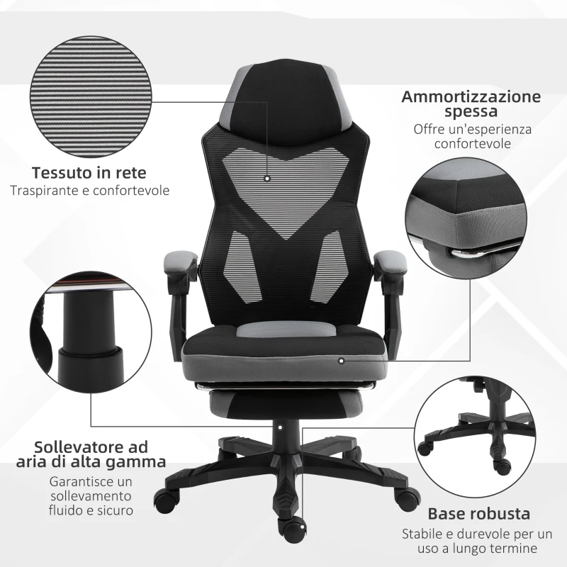 Vinsetto Sedia da Ufficio Ergonomica con Schienale Reclinabile, Poggiapiedi Retrattile, Altezza Regolabile, Grigio