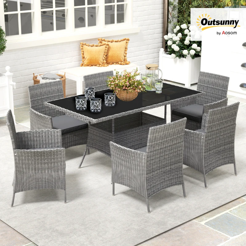Outsunny 7-Piece Rattan Garden Furniture Set with Cushions, 6 Seater Garden Table and Chairs, Rattan Dining Set with 6 Armchairs, Rectangular Glass Top Table, Charcoal Grey