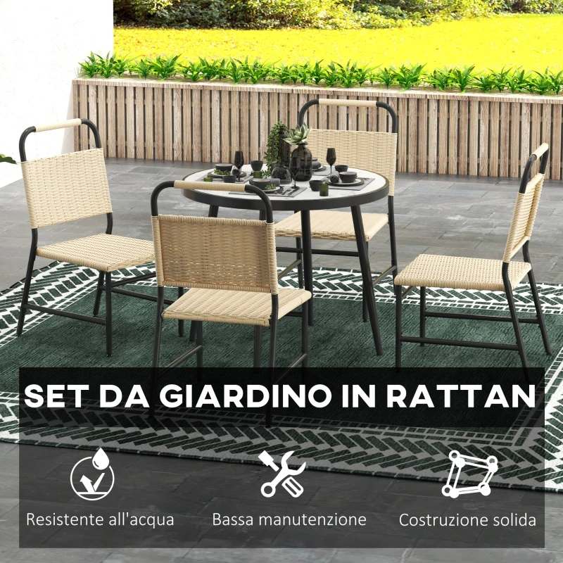 Outsunny Set da Giardino con Tavolo in Vetro Effetto Marmo e 4 Sedie in Rattan, Colore Cachi