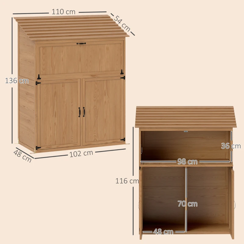 Outsunny Garten-Aufbewahrungsschrank mit ausklappbarem Tisch, Werkzeugschrank mit Dach, 110 x 54 x 136 cm, Tannenholz, Braun(m-3)