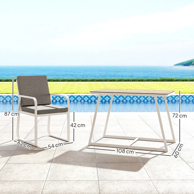 Outsunny Set de Gradina cu Masa si Scaune cu Perne Detasabile, Blat din Sticla si Cadru din Otel, 108x60x72 cm, Alb