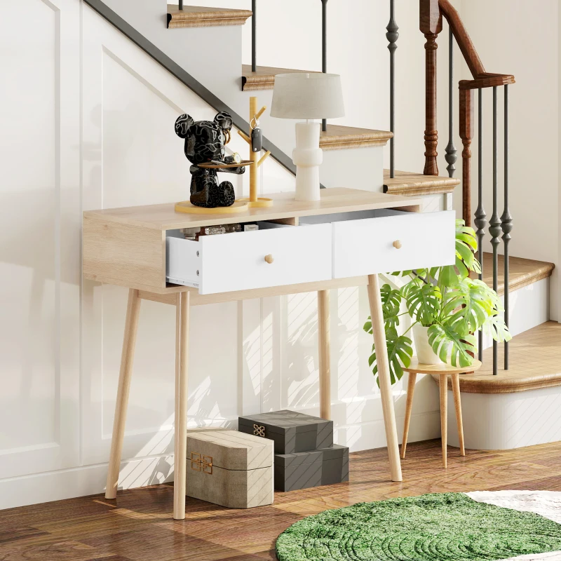 HOMCOM Mesa Consola con 2 Cajones Diseño Moderno en Roble y Blanco para Entrada Salón o Pasillo 86x35x75 cm