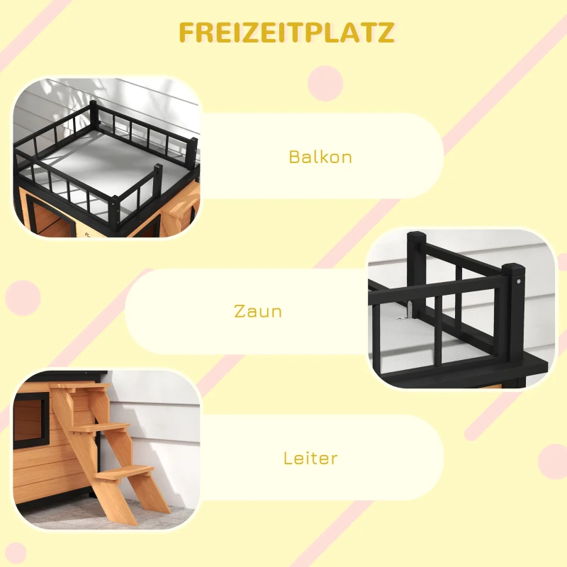 PawHut Hundehütte mit Dachterrasse, wetterfest, Holz, 121x77x78cm, Schwarz/Gelb(m-5)