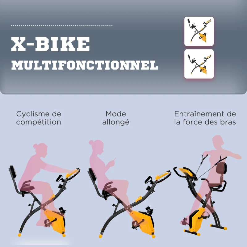 HOMCOM Vélo d'appartement pliable, vélo d'exercice, home traîner pour adultes, 8 niveaux de résistance magnétique, capteurs pouls main, écran LCD multifonction, selle réglable, acier, jaune, noir