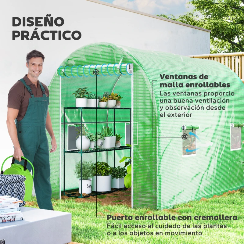 Outsunny Invernadero de Túnel de Jardín 298x197x189 cm con 4 Ventanas para Cultivos y Plantas Cubierta PE 140 g/㎡ Verde