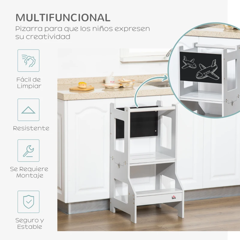 HOMCOM Torre de Aprendizaje 2 en 1 Convertible en Escritorio con Pizarra y Barra de Seguridad 42x44x86 cm Gris