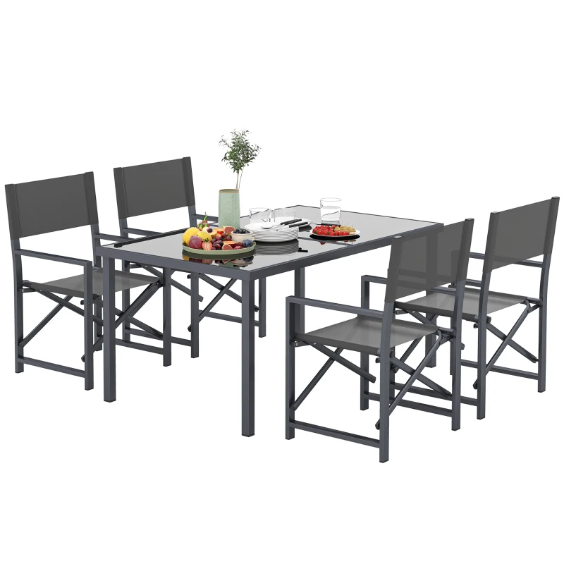 Outsunny 5-Delige Tuinset Stalen Eettafelset voor 4 met Opklapbare Stoelen en Glazen Tafel, Grijs