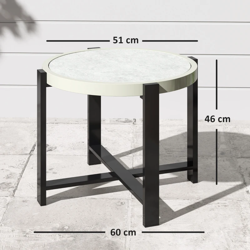 Outsunny Round Small Garden Table, 60cm Outdoor Side Table with Faux Marble Tempered Glass Top, Aluminium Frame for Garden, Patio, Balcony, Light Grey
