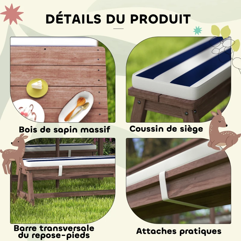 AIYAPLAY Ensemble salon de jardin extérieur enfant avec coussins et parasol amovible, rayé bleu marine et blanc