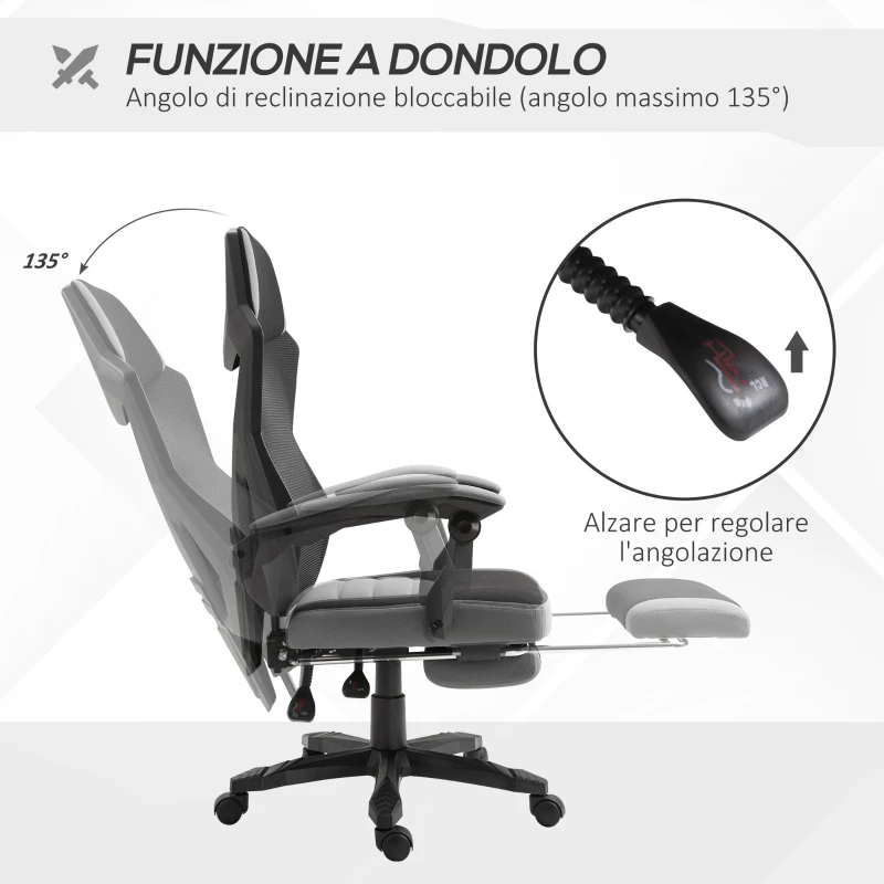 Vinsetto Sedia da Ufficio Ergonomica con Schienale Reclinabile, Poggiapiedi Retrattile, Altezza Regolabile, Grigio