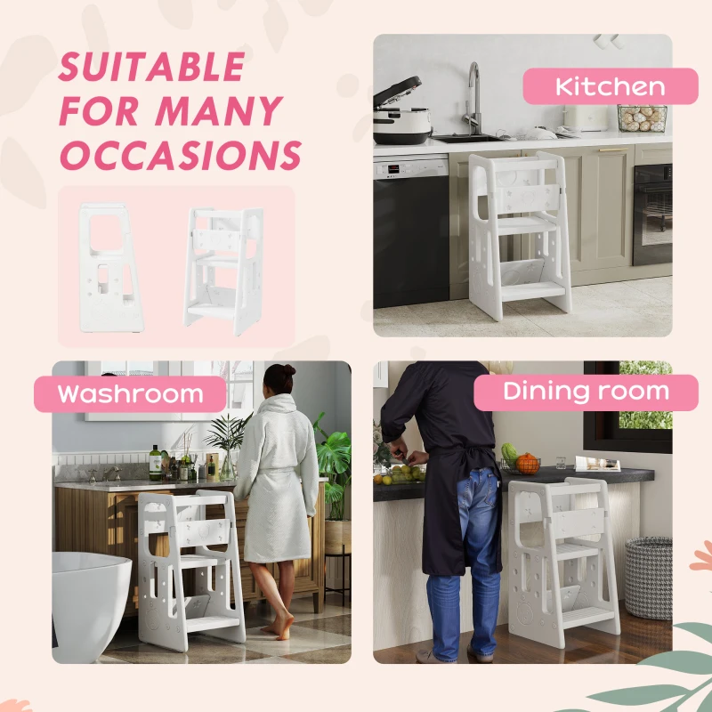 HOMCOM Kids Step Stool, Adjustable Standing Platform, Toddler Kitchen Stool, White