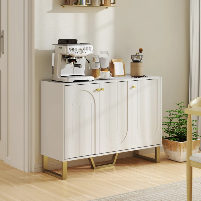 HOMCOM Aparador con 3 Puertas Arqueadas Estantes Ajustables y Patas Doradas 106,5x35x77,5 cm Blanco