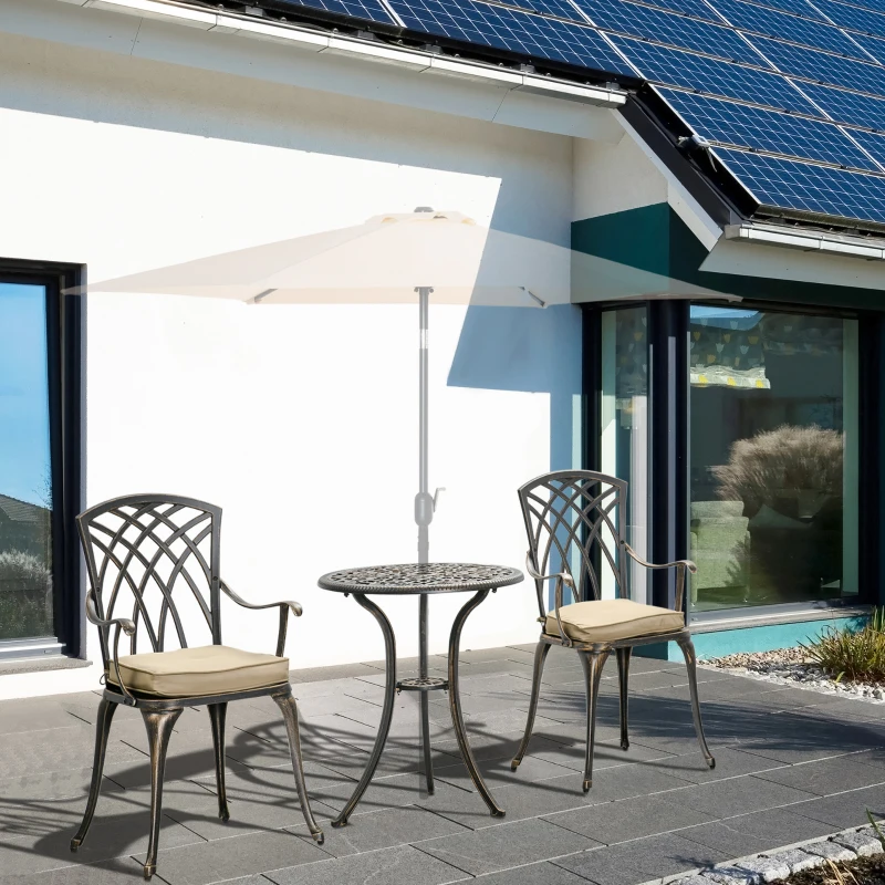 Outsunny 3pc Cast Aluminium Garden Bistro Set for 2 with Parasol Hole, Outdoor Coffee Table Set Rust Resistant with Cushions, Bronze