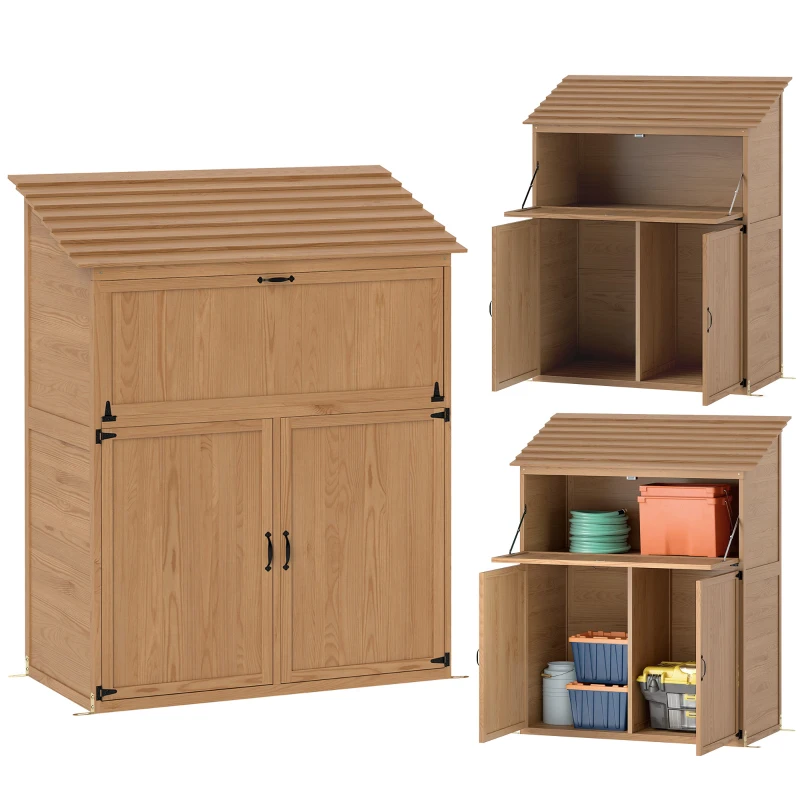 Outsunny Garten-Aufbewahrungsschrank mit ausklappbarem Tisch, Werkzeugschrank mit Dach, 110 x 54 x 136 cm, Tannenholz, Braun(m-10)