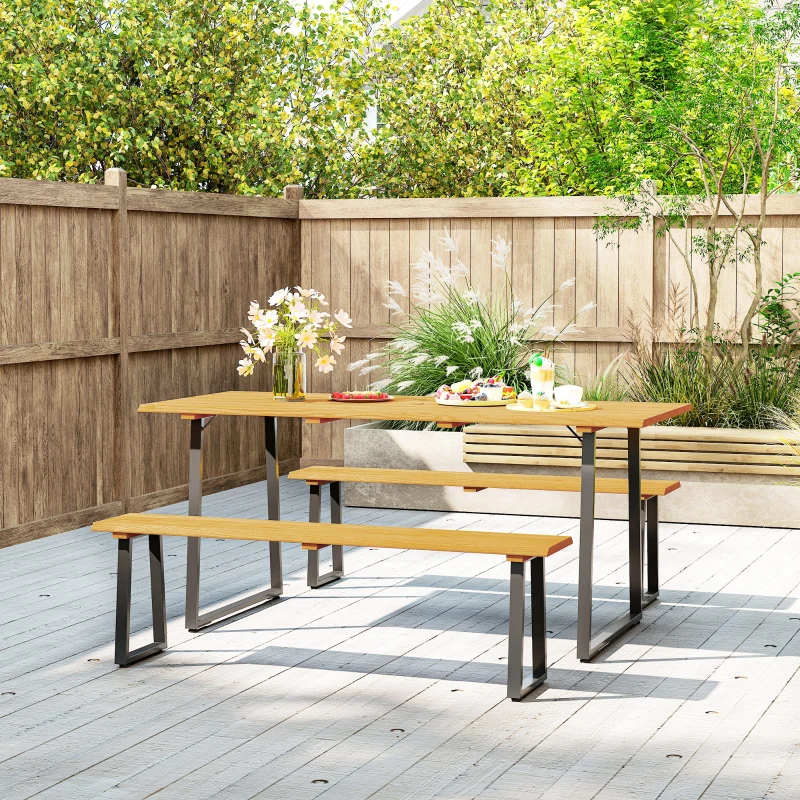 Outsunny 3-delige houten zitgroep voor 6 personen met eettafel en 2 banken, parasolgat, 178 x 76 x 77 cm, natuurlijk hout