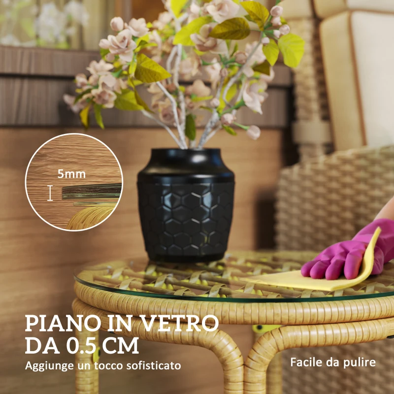 Outsunny Tavolino da Giardino in Rattan e Vetro Rotondo in Stile Boho Chic, Ø50x44 cm, Giallo