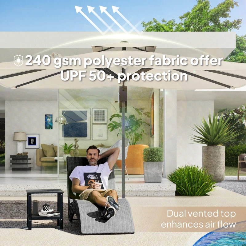 Outsunny 3.7 x 2.7 m Cantilever Parasol w/360° Rotation and Easy Tilt Adjustment, Aluminium Hanging Offset Outdoor Umbrella w/Double Top, Cross Base, UPF50+ Hanging Sun Shade, Grey Wood Effect Pole