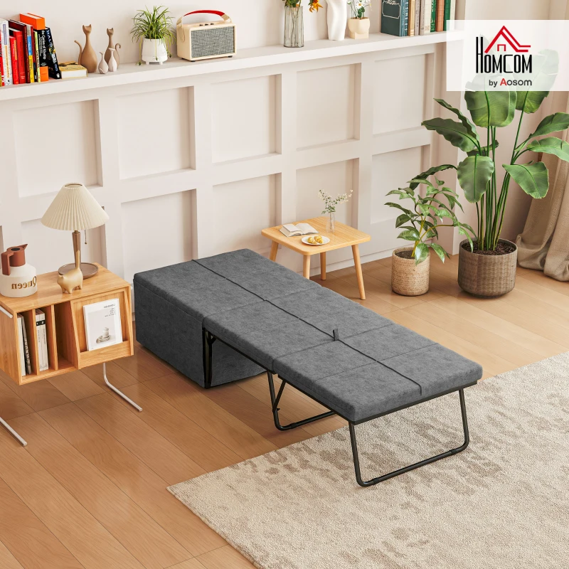 HOMCOM Folding Bed with Linen Sponge Mattress and Dust Cover, Foldable Guest Bed Compact Single Bed with Metal Frame, 69 x 181.5 cm, Grey(m-13)