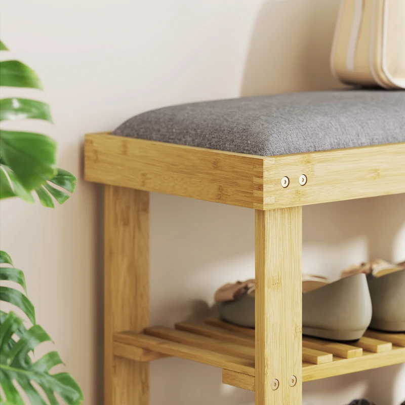 HOMCOM Banco Zapatero de Bambú con Cojín Zapatero de 2 Niveles para Entrada Pasillo o Dormitorio 60x29x49 cm Gris