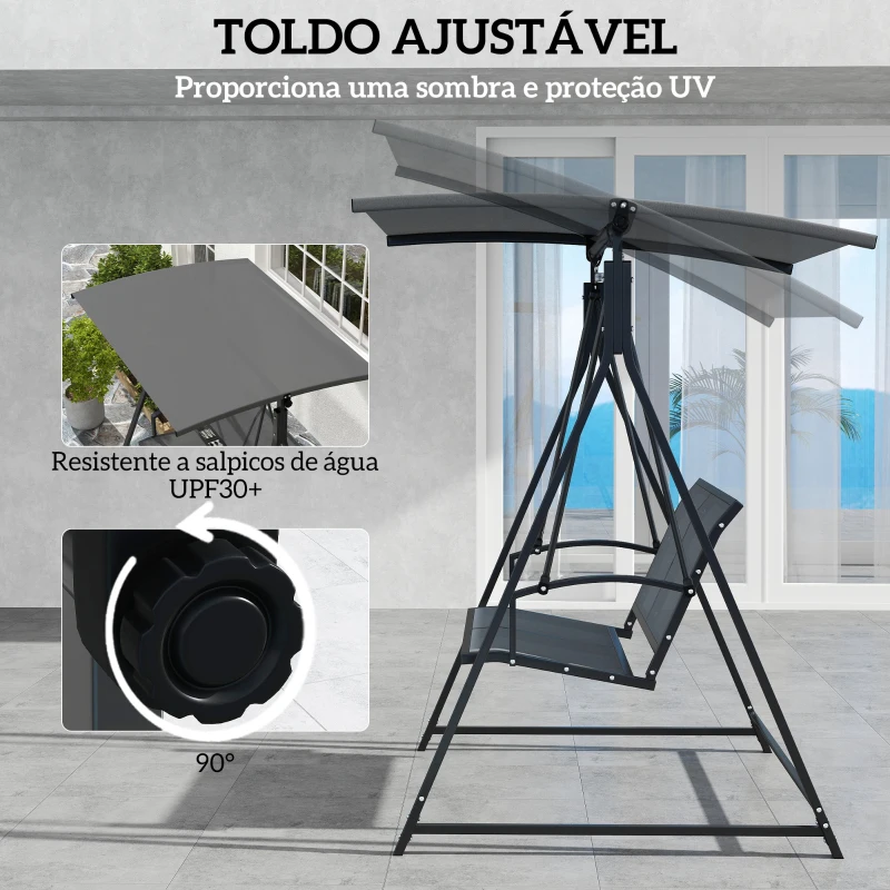 Outsunny Baloiço de Jardim de 2 Lugares com Toldo Ajustável 90° Proteção UV 30+ e Estrutura Triangular 160x112x162 cm Cinzento Escuro