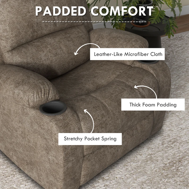 HOMCOM Fotel Relaksacyjny z Podnóżkiem i Funkcją Leżanki, z Uchwytem na Napoje, Fotel Telewizyjny, 87 cm x 95 cm x102 cm, Ciemnobrązowy