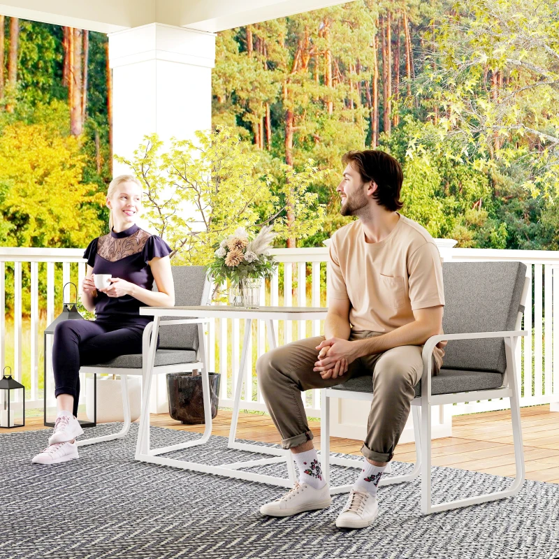 Outsunny Set da Esterno 3 Pezzi con 2 Sedie con Braccioli e Cuscini e Tavolo con Piano in Vetro, Bianco