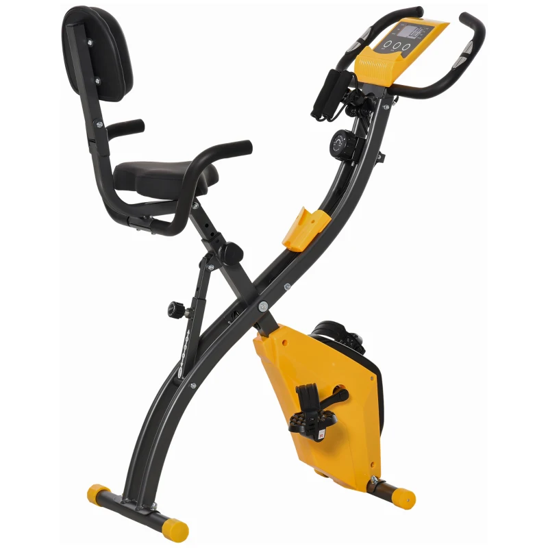 HOMCOM Vélo d'appartement pliable, vélo d'exercice, home traîner pour adultes, 8 niveaux de résistance magnétique, capteurs pouls main, écran LCD multifonction, selle réglable, acier, jaune, noir