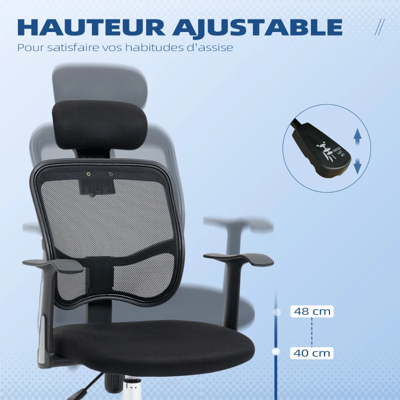 Vinsetto Chaise de bureau fauteuil pivontant à 360° ergonomique dossier inclinable hauteur réglable tétière maille 63 x 62 x 114 cm noir
