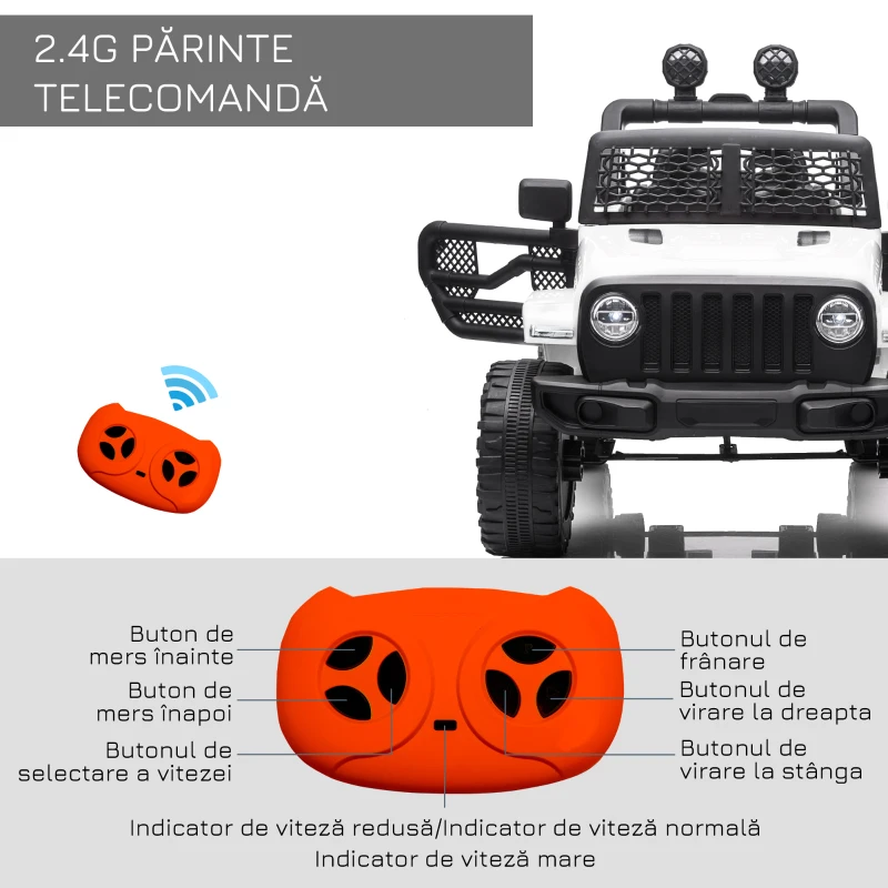 HOMCOM Masina Electrica pentru Copii Jeep Off-Road cu Telecomanda, 2 Viteze 3-5km/h, 100x65x72 cm, Alb(m-7)