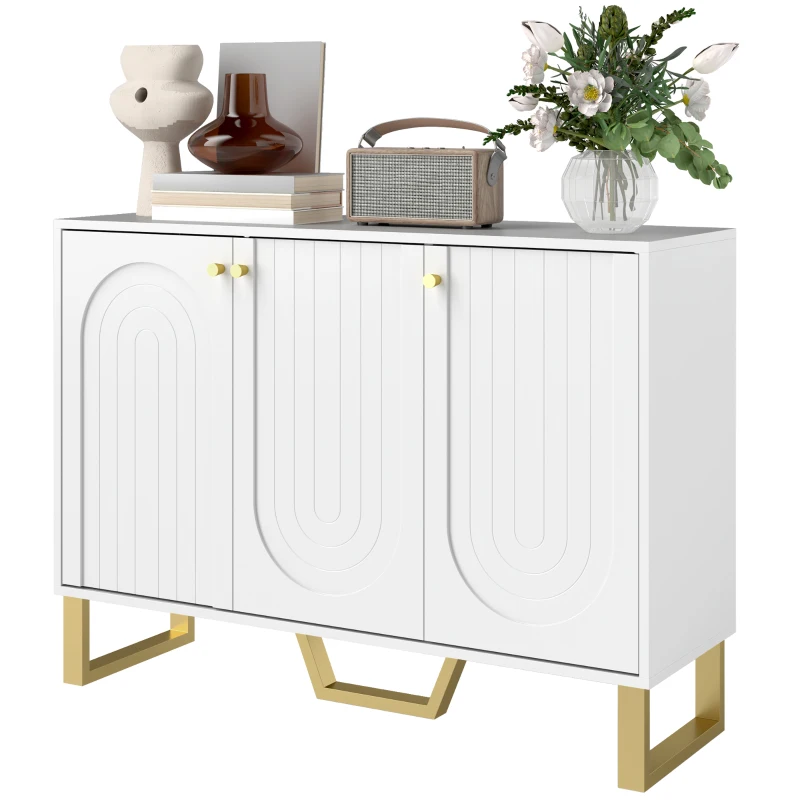 HOMCOM Aparador con 3 Puertas Arqueadas Estantes Ajustables y Patas Doradas 106,5x35x77,5 cm Blanco