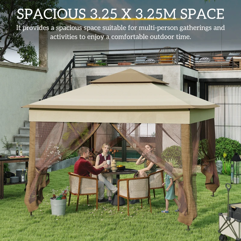 Outsunny 3 x 3(m) Pop Up Gazebo, Marquee Party Tent with Double Tier Roof, Netting and Carry Bag, Event Shelter for Outdoor Patio, Khaki