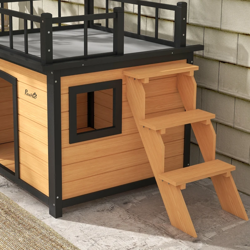 PawHut Hundehütte mit Dachterrasse, wetterfest, Holz, 121x77x78cm, Schwarz/Gelb(m-8)