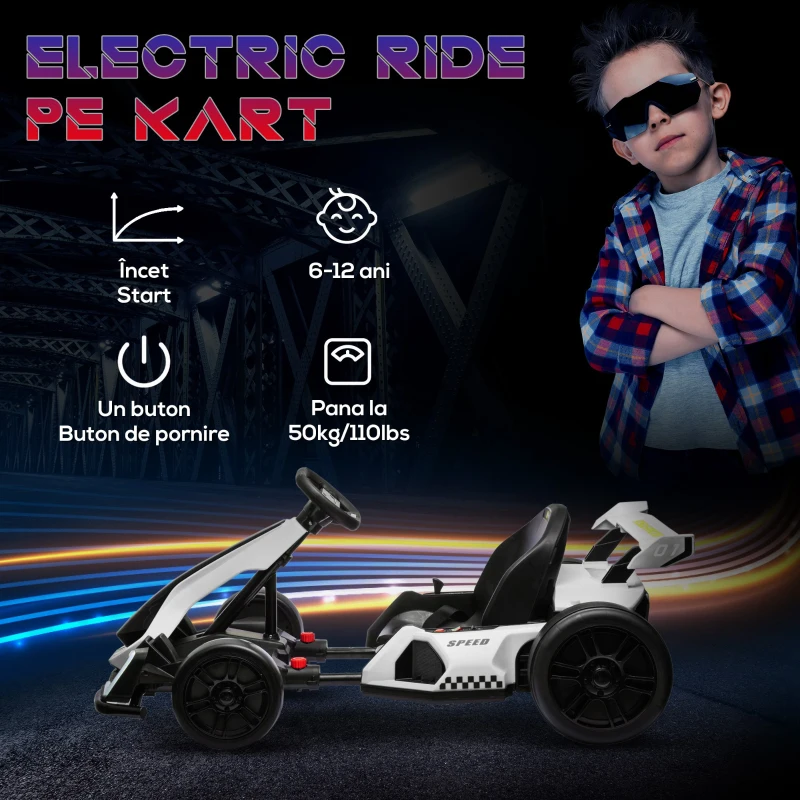 HOMCOM Kart electric pentru copii scaun reglabil Drift Go-kart claxon lumini muzica alb pentru copii pentru plimbare pentru distractie echilibru(m-7)