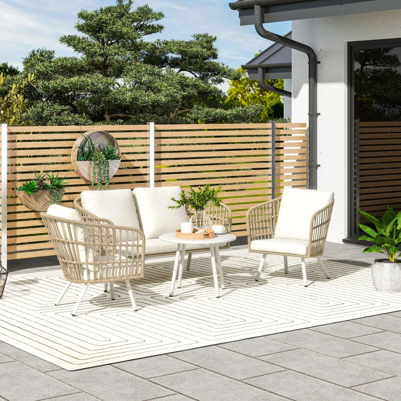 Outsunny Conjunto de Jardín de 4 Piezas con Sofá Sillones y Mesa de Ratán Sintético Cojines Cómodos y Resistente a Rayos UV