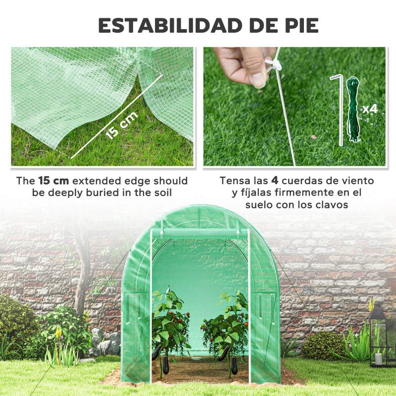 Outsunny Invernadero de Túnel de Jardín 298x197x189 cm con 4 Ventanas para Cultivos y Plantas Cubierta PE 140 g/㎡ Verde