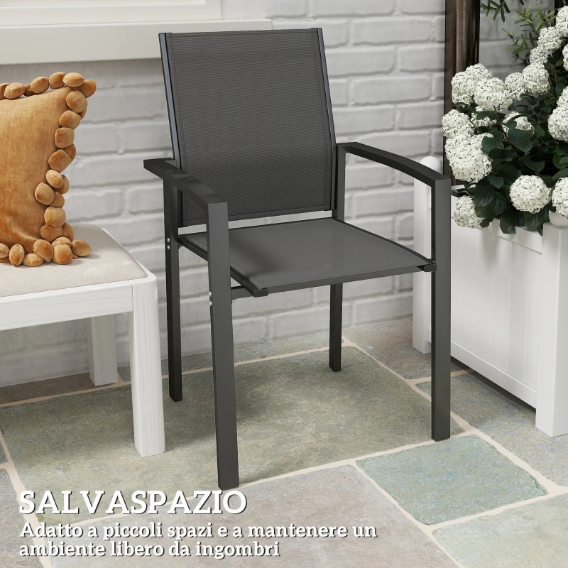 Outsunny Set 2 Sedie da Giardino Impilabili con Seduta Traspirante, in Alluminio e Textilene, 56x58x89 cm, Grigio Carbone