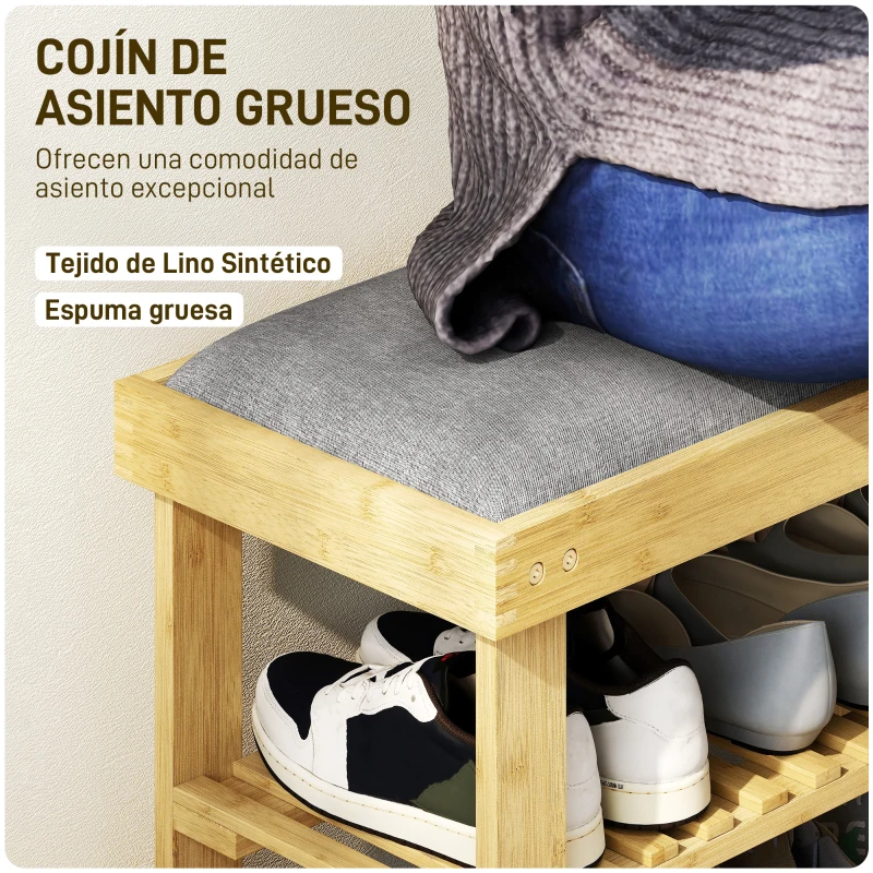 HOMCOM Banco Zapatero de Bambú con Cojín Zapatero de 2 Niveles para Entrada Pasillo o Dormitorio 60x29x49 cm Gris