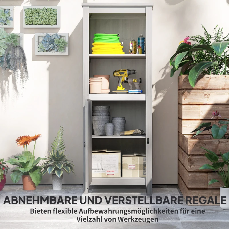 Outsunny Gartenschuppen mit Scheunentür, verstellbare Regale, schlankes Design, Tannenholz, Hellgrau(m-4)