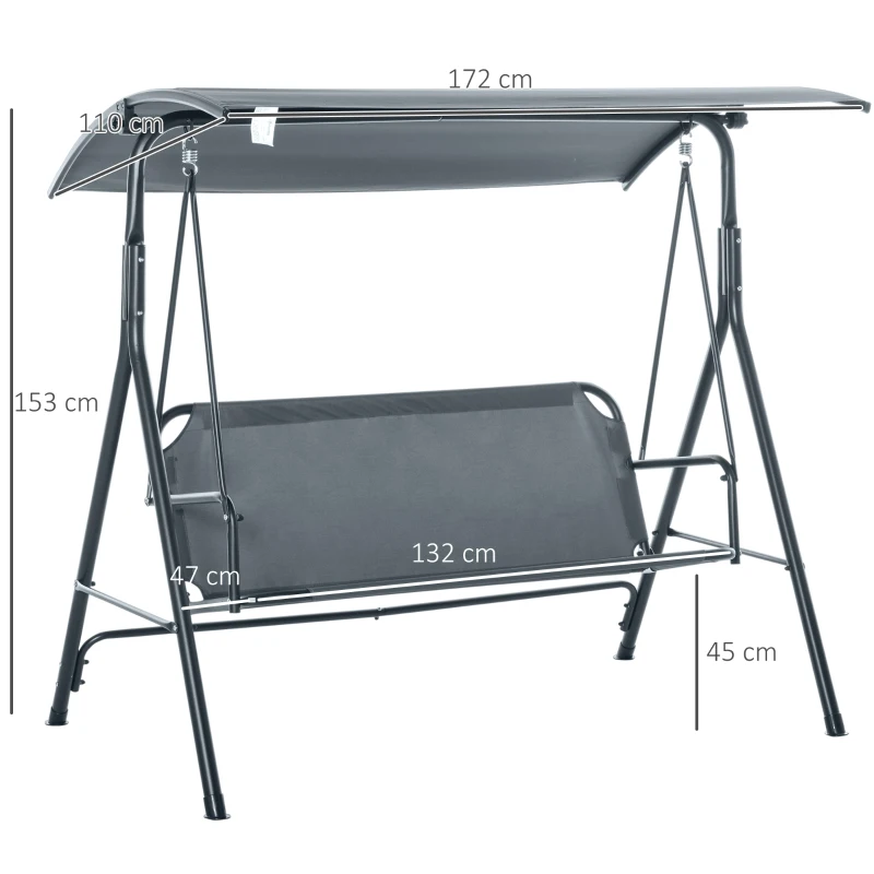 Outsunny Dondolo 3 Posti con Tettuccio Inclinabile e Cuscini, in Acciaio e Poliestere, 172x110x153 cm, Grigio