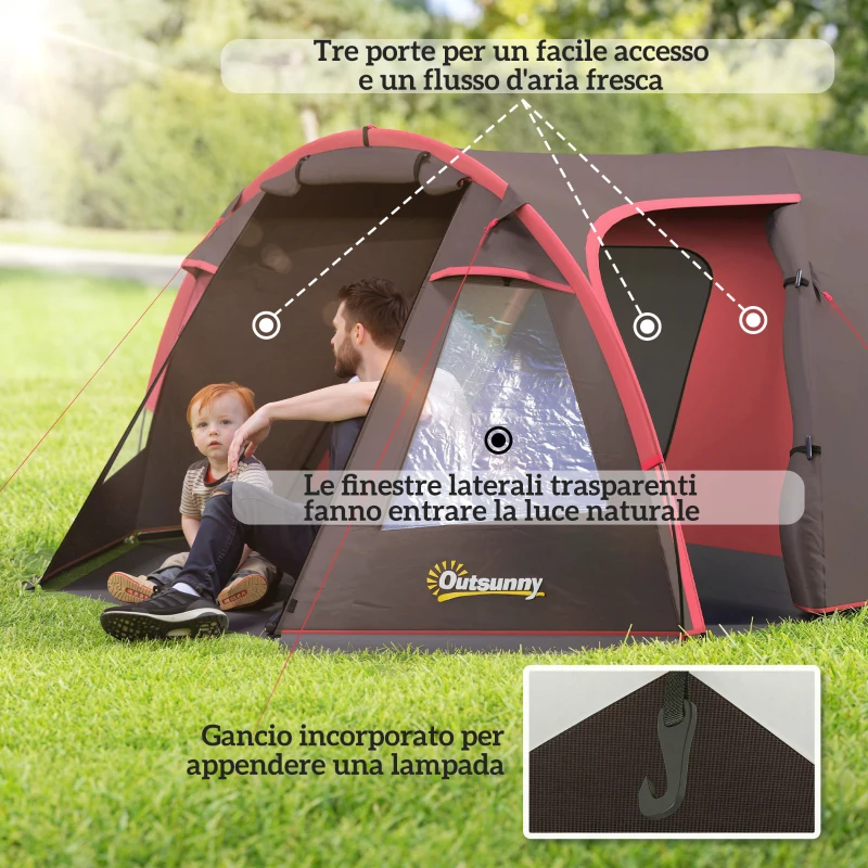 Outsunny Tenda da Campeggio da 2-4 Persone con Stanze Separate, Impermeabile con Doppie Porte, Grigio