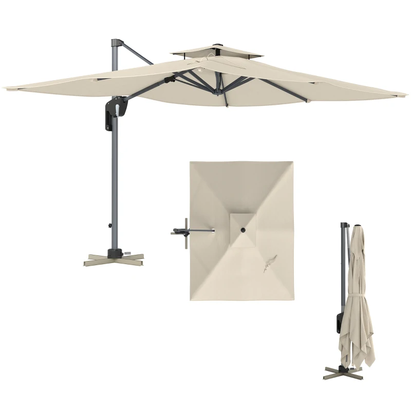 Outsunny 3.7 x 2.7 m Cantilever Parasol w/360° Rotation and Easy Tilt Adjustment, Aluminium Hanging Offset Outdoor Umbrella w/Double Top, Cross Base, UPF50+ Hanging Sun Shade, Grey Wood Effect Pole