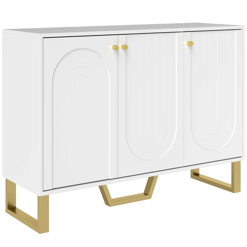 HOMCOM Aparador con 3 Puertas Arqueadas Estantes Ajustables y Patas Doradas 106,5x35x77,5 cm Blanco