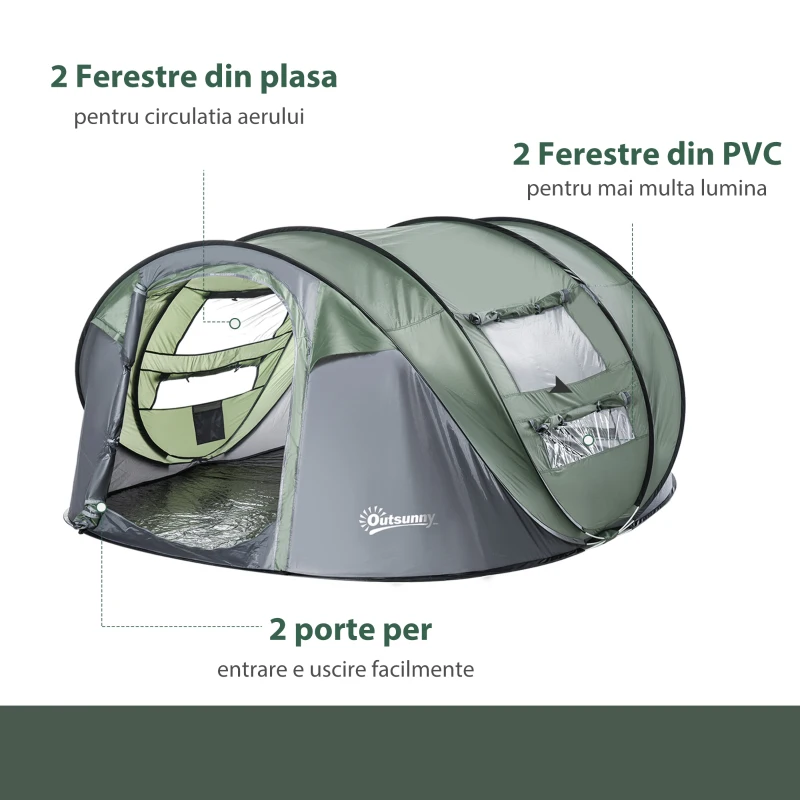 Outsunny Cort de Camping Pop Up pentru 2 Persoane cu 2 Uși, 4 Ferestre și Înveliș Impermeabil, 263.5x220x123 cm, Verde(m-5)
