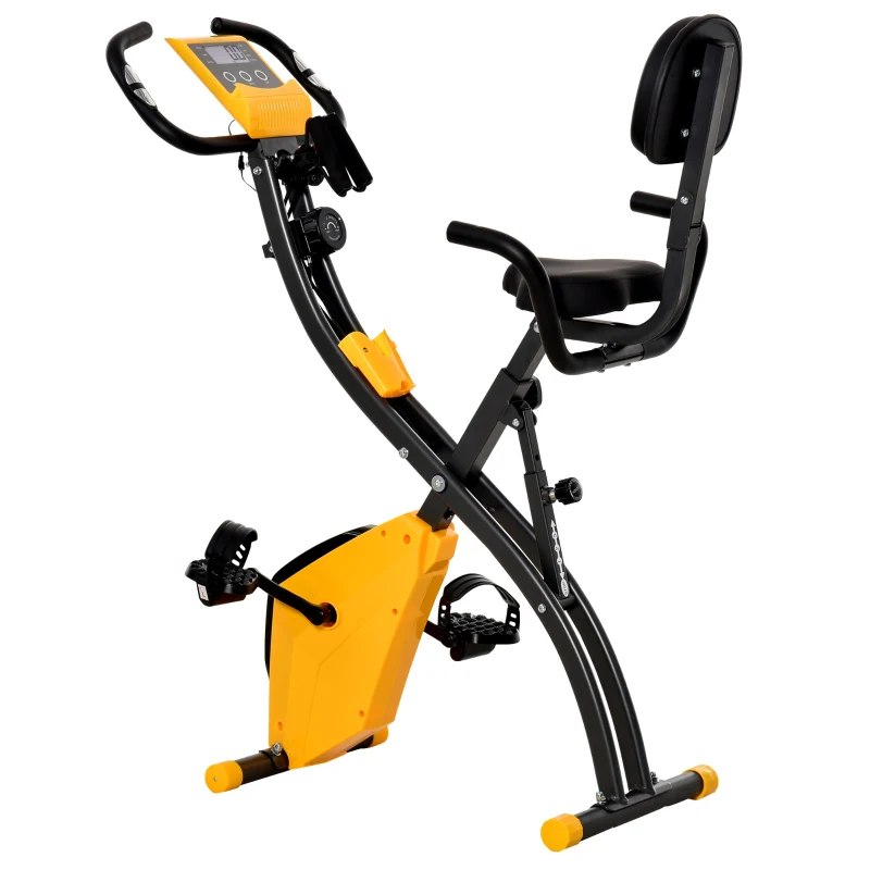 HOMCOM Vélo d'appartement pliable, vélo d'exercice, home traîner pour adultes, 8 niveaux de résistance magnétique, capteurs pouls main, écran LCD multifonction, selle réglable, acier, jaune, noir